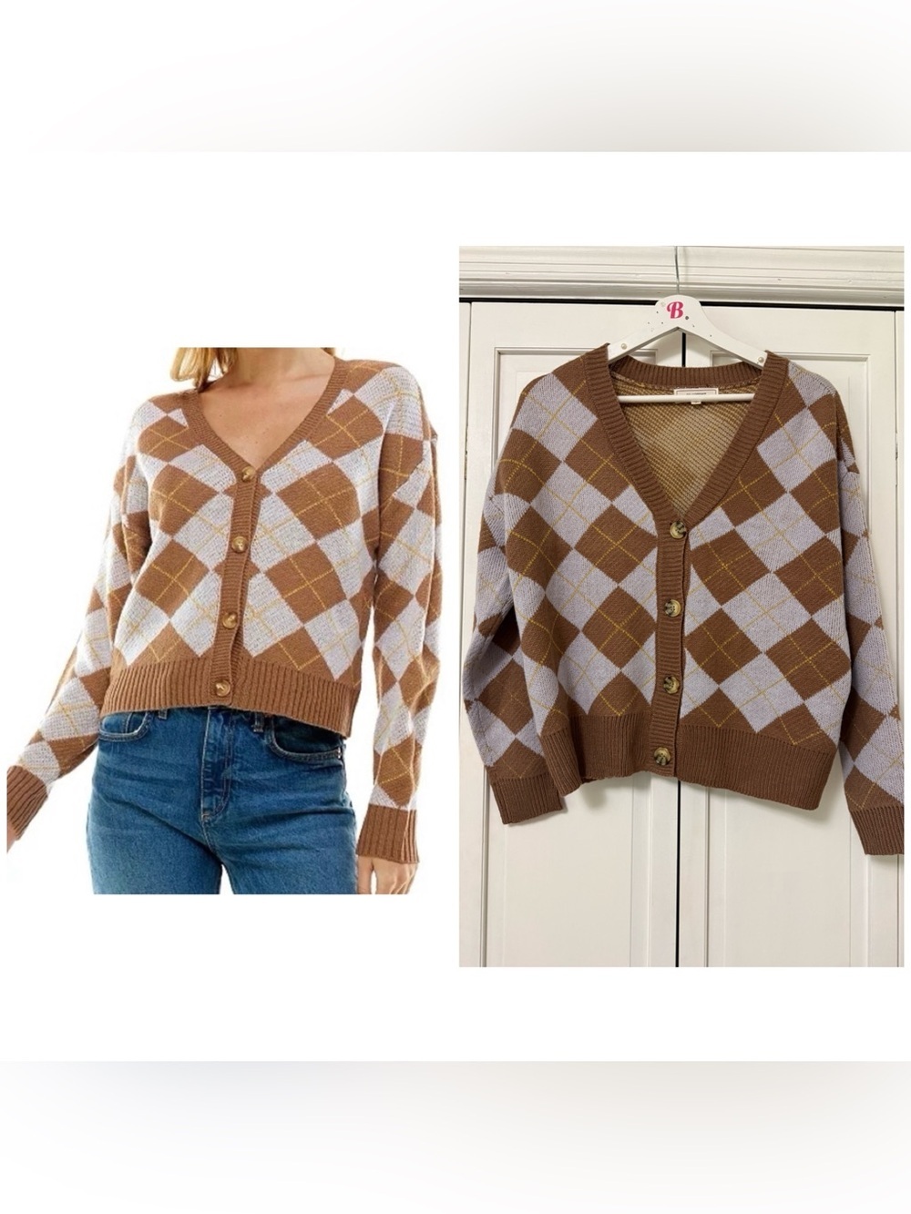 Argyle V-Neck Button-Front Sweater Cardigan Brown Old Money Grandpacore Small